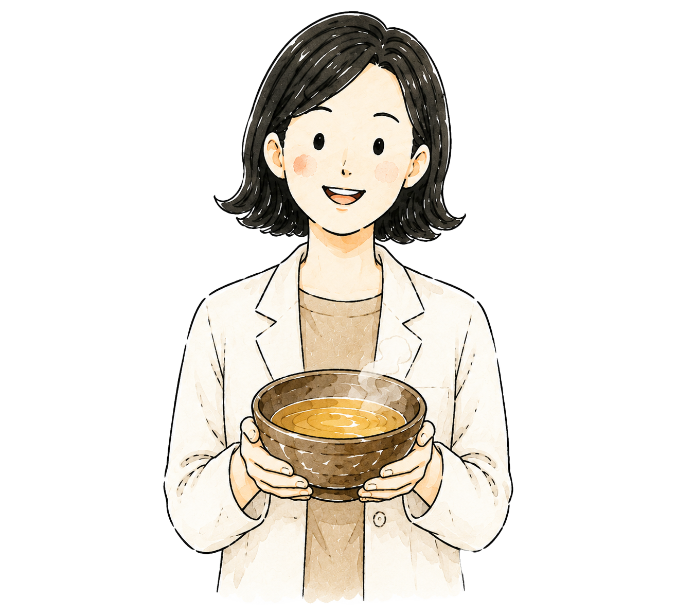 女性研究員（出汁を持つ）
