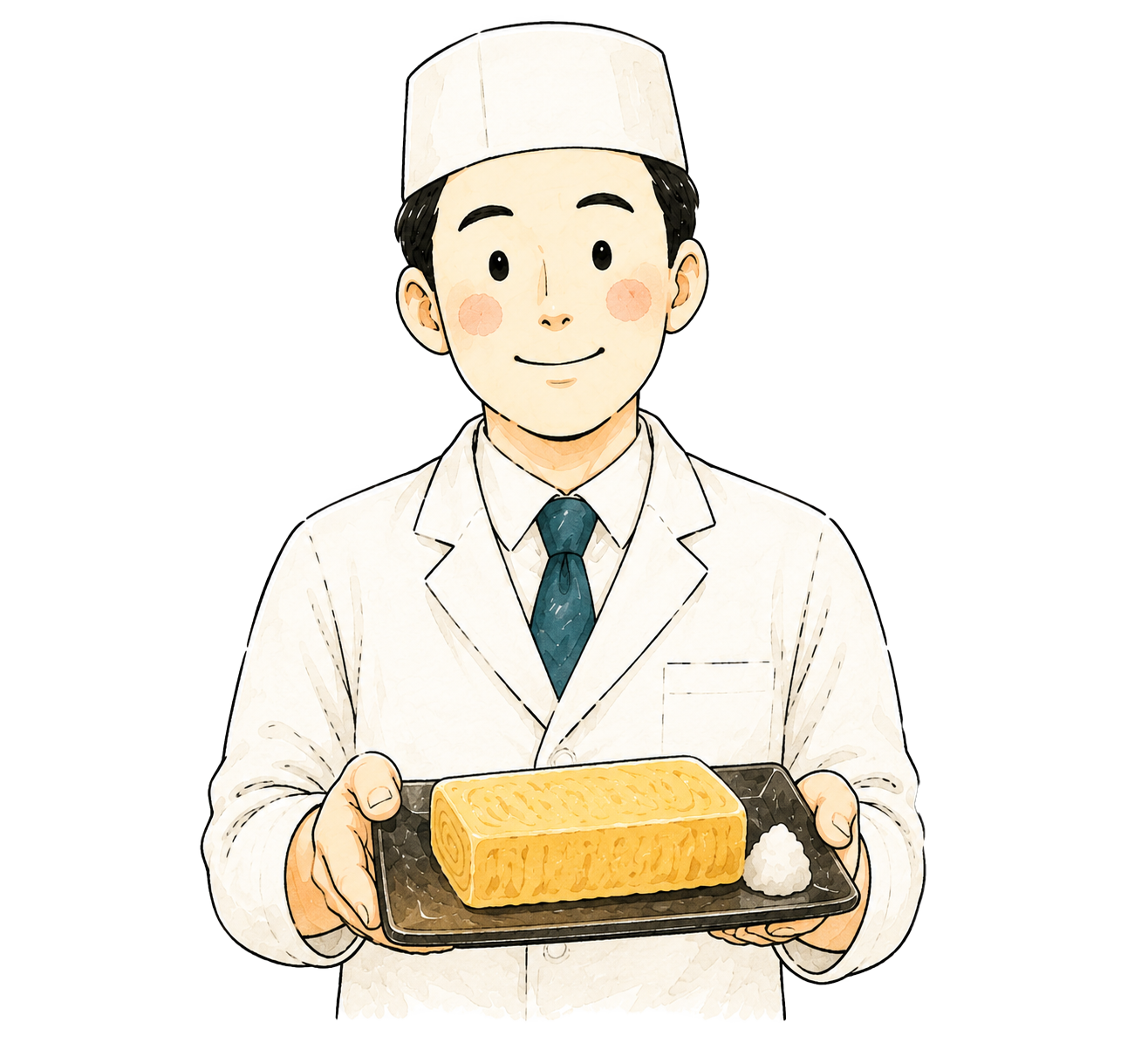 男性研究員（卵焼きを持つ）